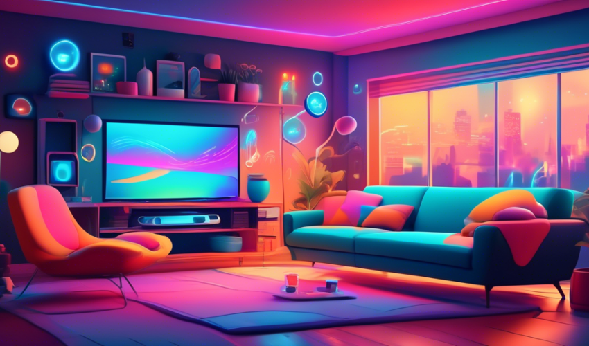 An illustrative, cozy living room filled with smart home devices seamlessly integrated into daily life, demonstrating a seamless connection between technology and comfort with a futuristic twist.