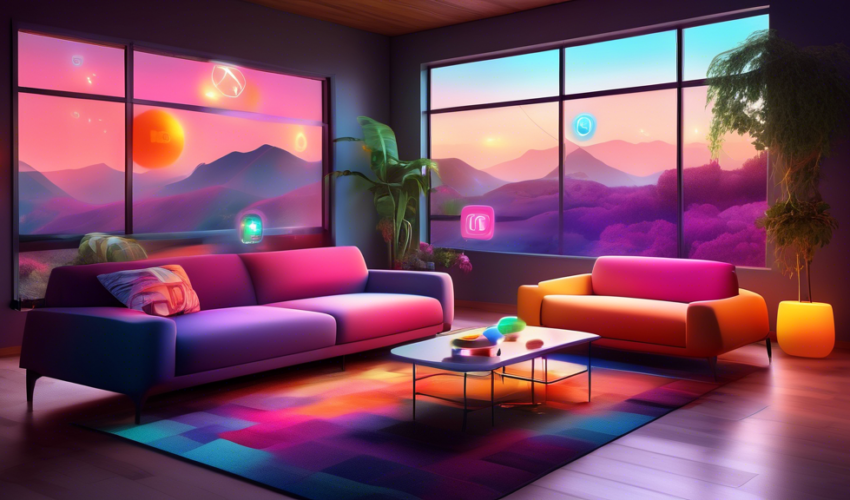 An ultra-modern living room filled with various Internet of Things (IoT) devices seamlessly integrated into everyday objects: a smart sofa with built-in touch controls, a coffee table displaying news