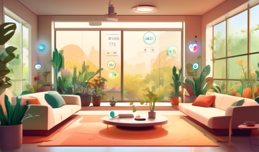 An illustration of a futuristic living room with large windows showing a lush garden, featuring a smart thermostat mounted on a wall. The thermostat has a sleek, digital interface displaying temperatu