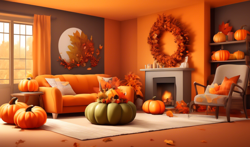 A cozy living room with walls painted in warm autumn colors, adorned with seasonal decorations such as pumpkins, leaves, and a wreath, showcasing before and after transformation