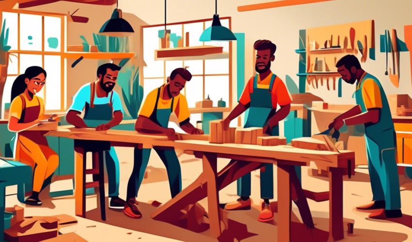 A bustling carpentry workshop with diverse carpenters of various ethnicities, engaged in different activities like drafting plans, cutting wood, and assembling furniture, showcasing a vibrant and succ