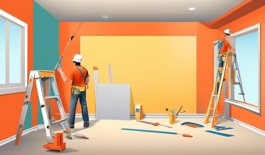 An illustrated step-by-step tutorial on drywall installation in a modern home construction setting, featuring tools and techniques, in a colorful infographic style.