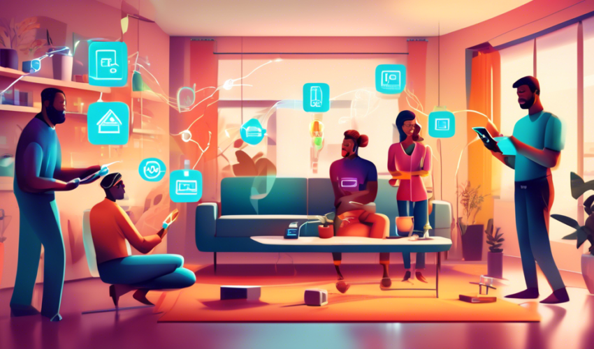 An illustration of a diverse group of people, including a professional technician and a family, working together to install various home automation devices in a modern living room, featuring smart lig