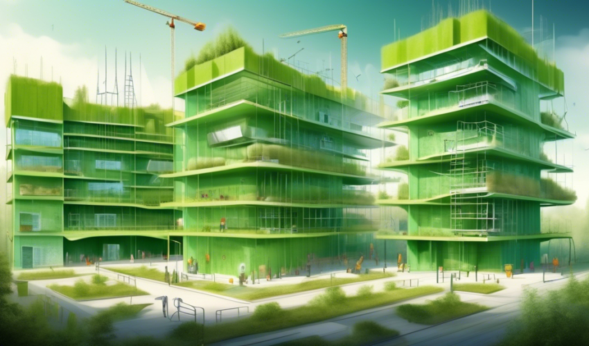 Detailed illustration of a futuristic green construction site showcasing the implementation of sustainable drywall in an eco-friendly building.
