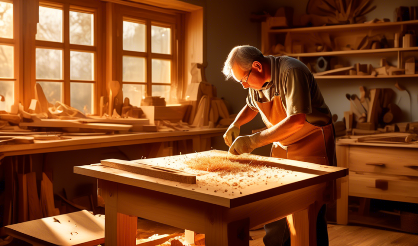 A master carpenter skillfully shaping a magnificent oak wood into an intricate piece of furniture in a well-organized woodworking workshop, with tools and wood shavings scattered around, illuminated b
