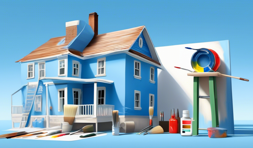 Photo-realistic image of a person painting the exterior of a house under a clear blue sky, with a detailed painter's toolkit and a step-by-step guide floating beside them.