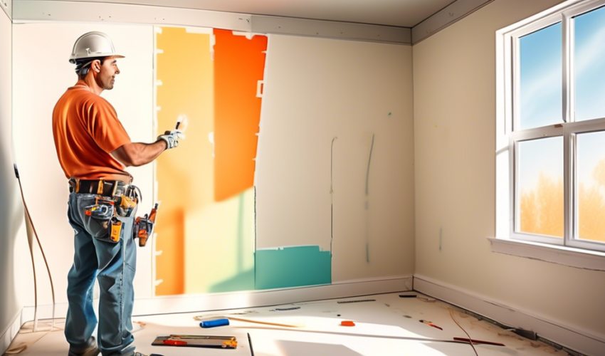 An expert craftsman demonstrating top drywall installation and finishing techniques, with an emphasis on smooth seams and corners, in a brightly lit, modern home construction interior.