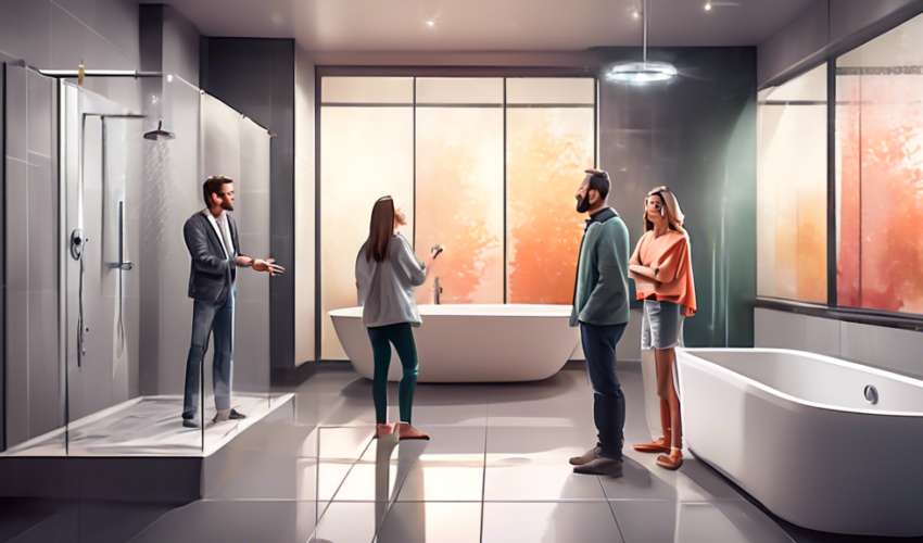 An experienced bathroom renovation expert explaining different shower features to a young couple in a newly renovated modern bathroom, with large glass shower enclosures, sleek grey tiles, and bright