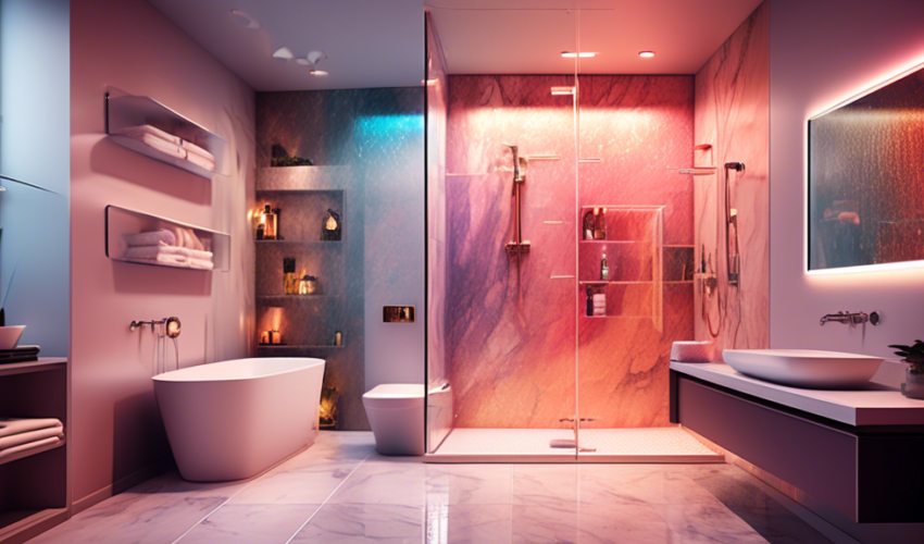 An elegant and modern bathroom showcasing innovative shower renovation ideas, featuring a large glass enclosure, a rain shower head, sleek marble tiles, and smart storage solutions, all illuminated by