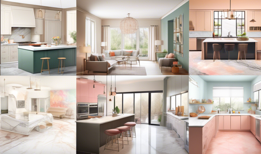 An artistically rendered montage of top indoor renovation projects, featuring a modern kitchen remodel with sleek cabinets and a marble island, a cozy living room transformation with soft lighting and