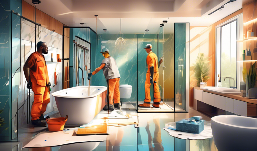 An artistic representation of a team of diverse local contractors renovating a modern bathroom, showcasing detailed workmanship on a luxurious walk-in shower, with tools and design plans visible in a