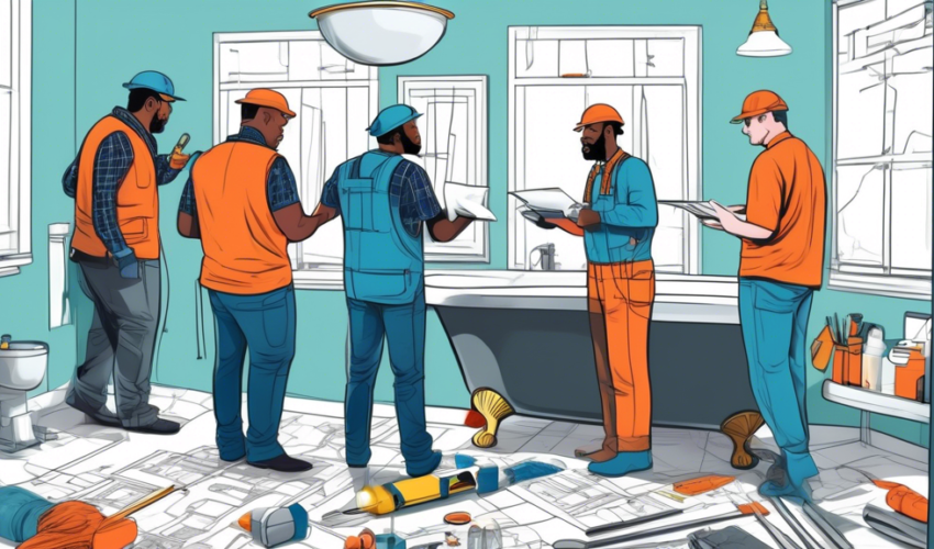 A diverse team of five professionals, including a plumber, an interior designer, a painter, a tiler, and an electrician, collaboratively discussing over blueprints in a partially renovated bathroom wi
