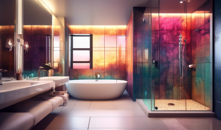 A modern, elegantly designed bathroom with a stunning, newly renovated shower featuring glass doors, sleek tiles, and luxurious fixtures, illuminated by soft, ambient lighting.