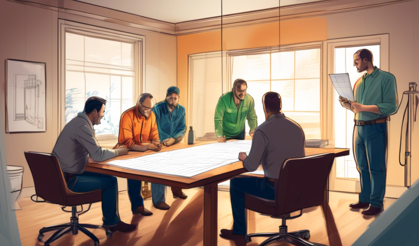 A group of professional contractors brainstorming over a blueprint for a modern and luxurious bathroom shower remodel in a cozy, well-lit local office