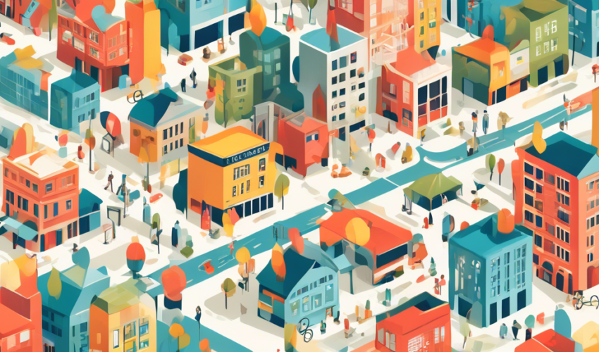 An illustrated map pinpointing the top local shower renovation companies in a bustling city, with colorful building icons and design-related motifs