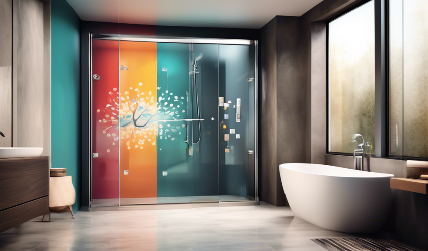 An elegant, modern bathroom interior showcasing a luxurious walk-in shower renovation with sleek glass doors, highlighted by top local companies' logos subtly integrated.
