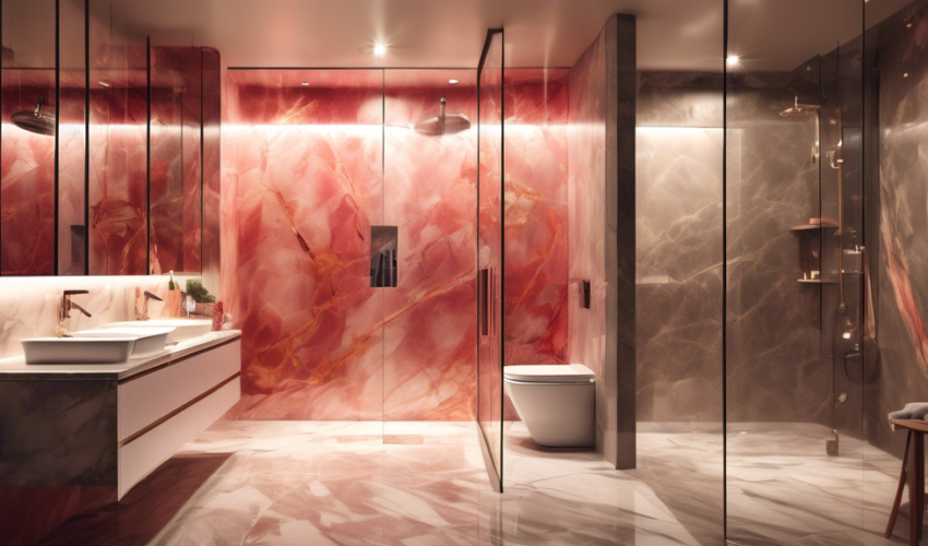 Modern and stylish bathroom interior showcasing an elegant shower with seamless glass doors, luxurious marble tiles, and state-of-the-art fixtures, highlighted by soft, ambient lighting. A skilled wor
