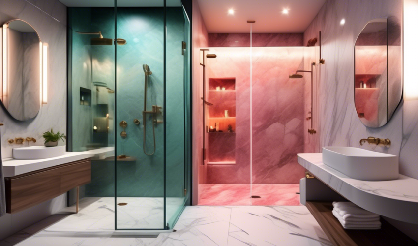 Modern and sleek bathroom featuring an expertly renovated shower area by local specialists, with contemporary fixtures, clear glass doors, and elegant marble tiling, illuminated by soft, ambient light