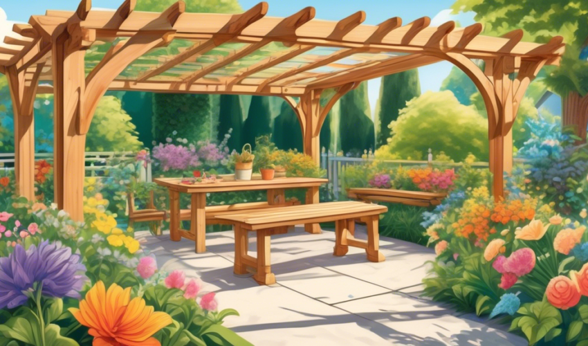 Create a vibrant, detailed illustration showing a series of three backyard areas each featuring a different carpentry project: a beautifully crafted wooden pergola adorned with climbing plants, a larg