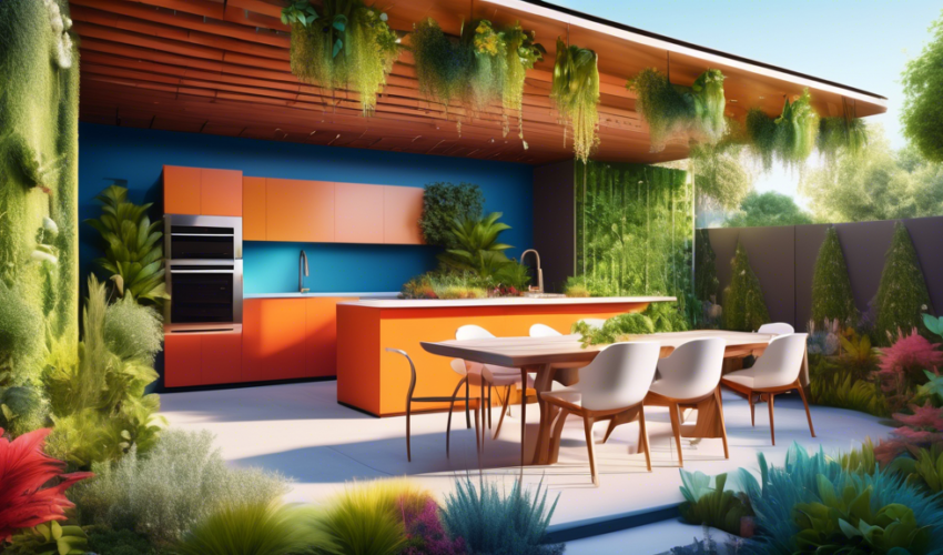 An artistically rendered image of a modern backyard featuring a biophilic design trend for 2023 with a vertical garden, sleek outdoor kitchen, eco-friendly furniture, surrounded by native plants, unde