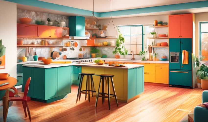 An artistically rendered image of a bright, modern kitchen, with a focus on beautifully refinished cabinets in a variety of styles and colors, featuring people happily working and interacting in the s
