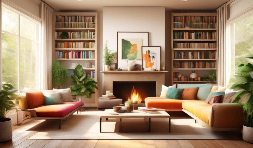 An elegant, light-filled living room that seamlessly blends modern and rustic design elements, featuring a cozy reading nook with floor-to-ceiling bookshelves, a sleek fireplace, and lush indoor plant