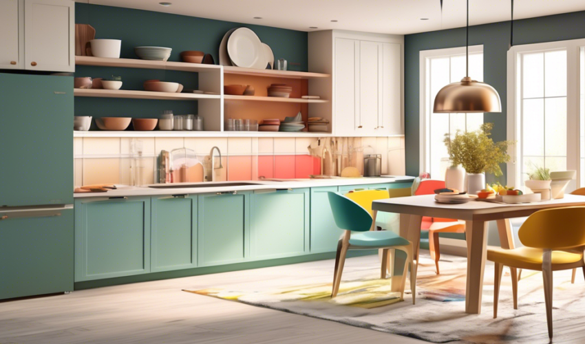 An elegant and modern kitchen undergoing a transformation with a focus on cabinet makeover, featuring before and after visuals, stylish tools and paint swatches, in a bright and airy space.