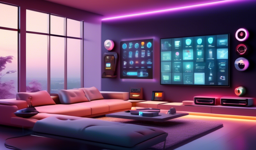 A cozy modern living room with a large digital wall display showing an automated home control system interface, sensors, smart lights, and robotic gadgets, demonstrating various functionalities in a f