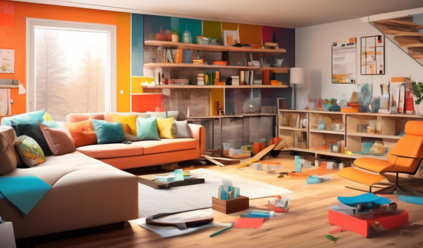 A cozy, modern living room in a Canadian home with a half-constructed wall, visible tools and materials scattered around, illustrating the process of renovation, superimposed with transparent infograp