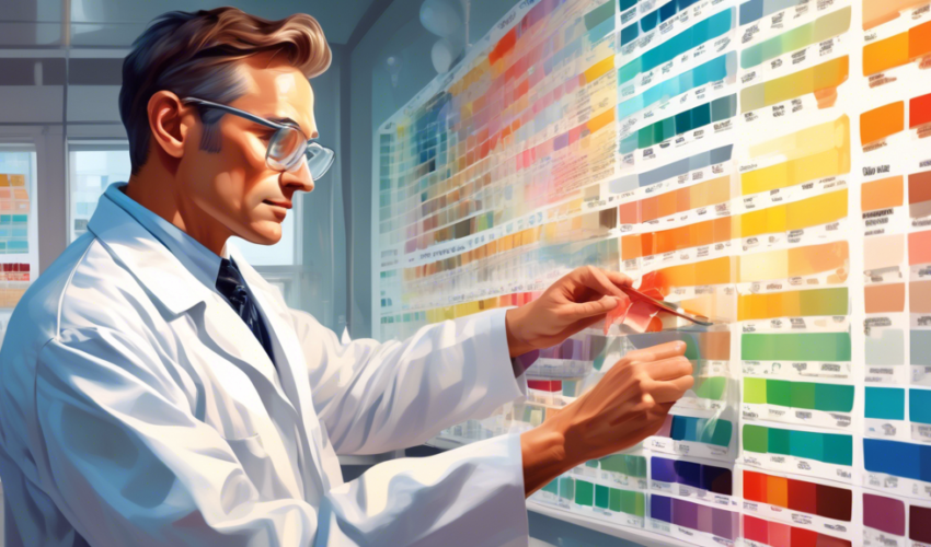 A detailed digital painting of a scientist in a lab coat examining different paint samples on a wall, each labeled with various environmental factors like sunlight, rain, and heat, displayed in a brig