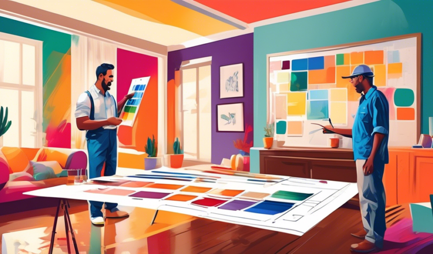 A professional painter explaining a detailed painting estimate to a curious homeowner in a bright, colorful living room, with a large blueprint spread on a table and various paint samples displayed ar