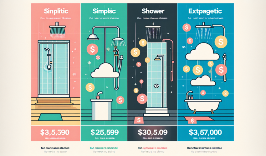 An infographic depicting the breakdown of shower replacement costs in Ontario, featuring various shower styles, from simple to luxury, with corresponding price tags and decorative currency symbols flo