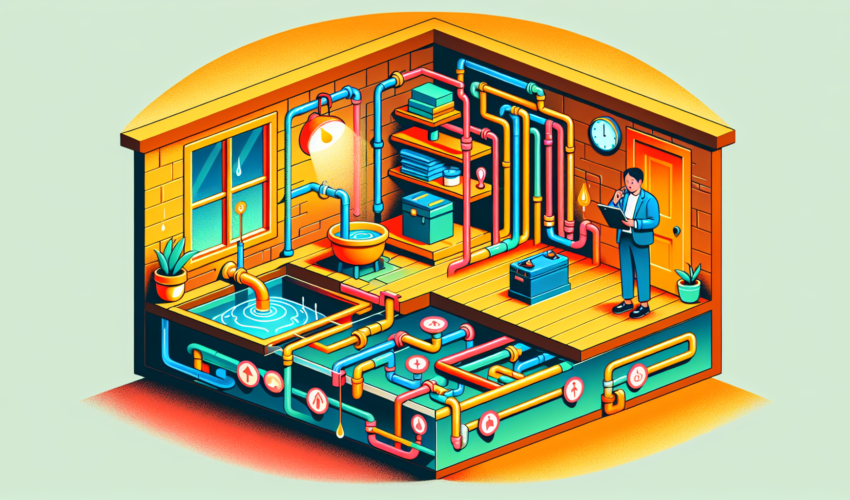 An illustration of a cozy residential basement, neatly organized with visible labels explaining the components of a sump pump system, including pipes, a water basin, and a backup battery, with a homeo