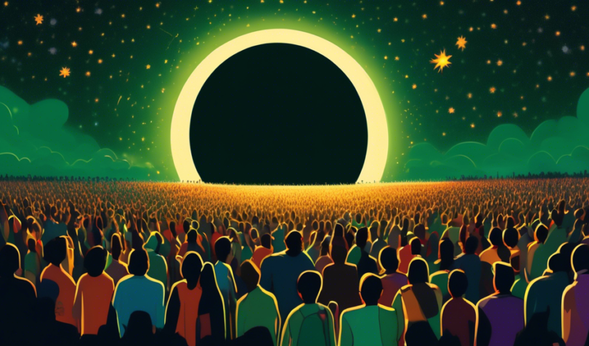 An artistic representation of a solar eclipse, with the Moon passing between the Earth and the Sun, casting a shadow over a mesmerized crowd of people from various cultures around the world, all stand
