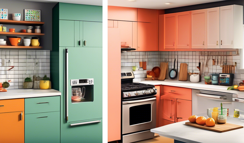 An artistic depiction of two side-by-side kitchens in Ontario, one featuring sleek, modern cabinets that have been refaced and the other showcasing brand new cabinet replacements, each kitchen surroun