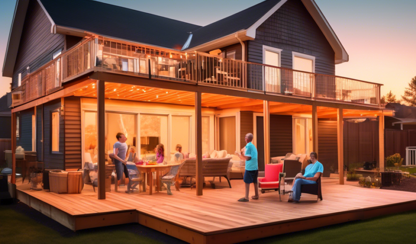 A picturesque summer evening scene in Ontario featuring a family enjoying a freshly constructed wooden deck attached to a cozy, well-lit home, overlaid with semi-transparent infographics showing budge