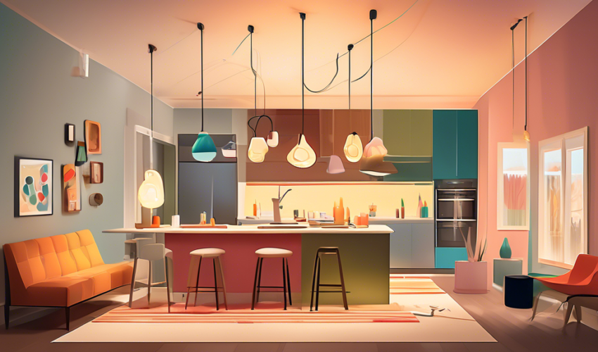 An illustrated guide showing a variety of modern lighting fixtures being installed in a cozy, stylish Ontario home, with a detailed cost breakdown chart floating beside each scene.