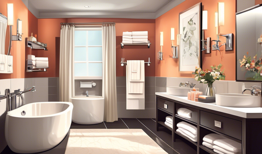 An elegant and modern bathroom in Ontario, featuring a variety of stylish towel racks and accessories with price tags displayed, reflecting a cozy, well-lit interior design.