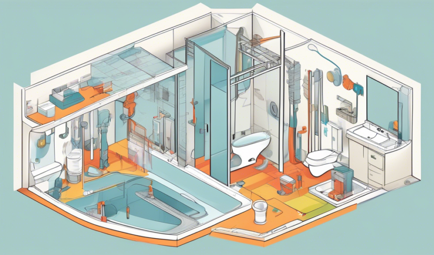 An illustrated cross-section of a modern bathroom in an Ontario home showing a step-by-step installation process of a new ventilation system, including tools, workers, and cost estimates displayed in