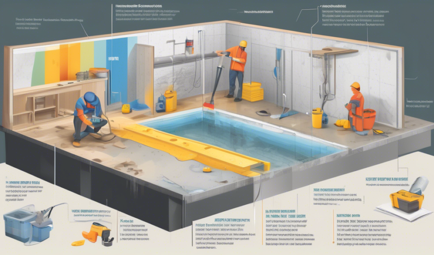 An illustrated guide showing the step-by-step process of waterproofing a basement in Ontario, including materials, tools, and diverse professionals at work, with a detailed breakdown of costs displaye