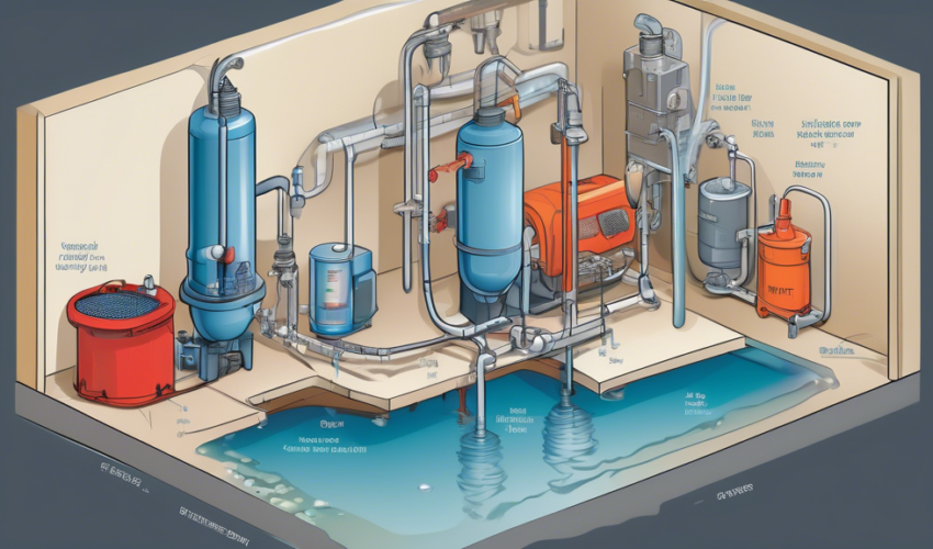 An illustrated guide showing a variety of backup sump pump systems in a basement setting, highlighting each model's features and how they operate during a flooding event, with clear labels and a water