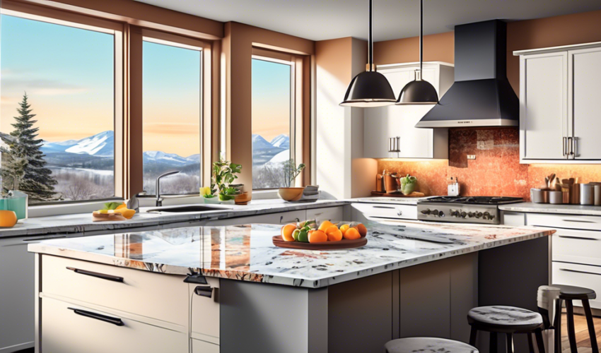 A cozy, well-lit kitchen with a modern ambiance, featuring a variety of countertops including granite, marble, and quartz, each labeled with price tags in Canadian dollars, set in a home in Ontario wi