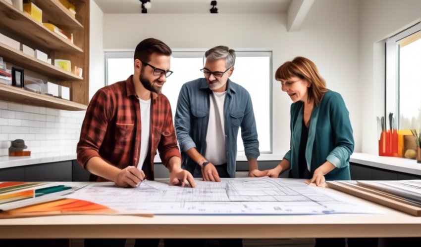 An interior designer and a craftsman discussing plans and materials for shelving and cabinetry in a modern Ontario home, with a detailed cost analysis chart visible in the background