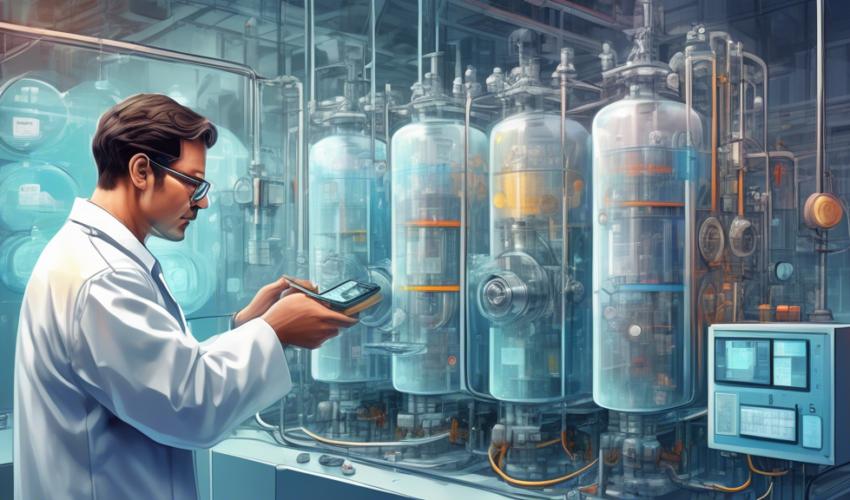 A digital illustration of an engineer in a lab coat examining a large, transparent float switch mechanism in a water tank, with detailed annotations and diagrams showing its parts and operation, set i