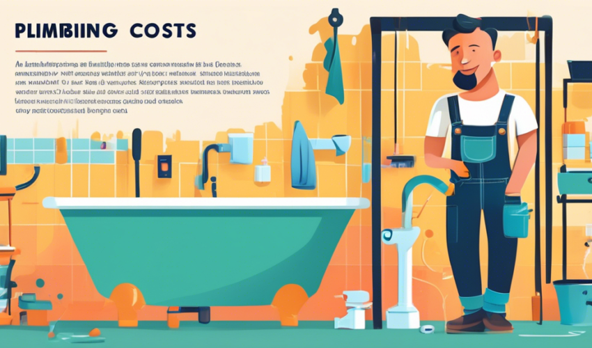 An illustrated breakdown of plumbing renovation costs in Ontario, featuring a detailed, colorful infographic displaying tools, pipes, fittings, and a smiling plumber comparing prices and services, set