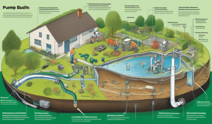 A digital illustration showing a cross-section of the Earth, detailing a pump basin installation beneath a green, landscaped garden. Highlight water flowing into the basin, a submersible pump, various