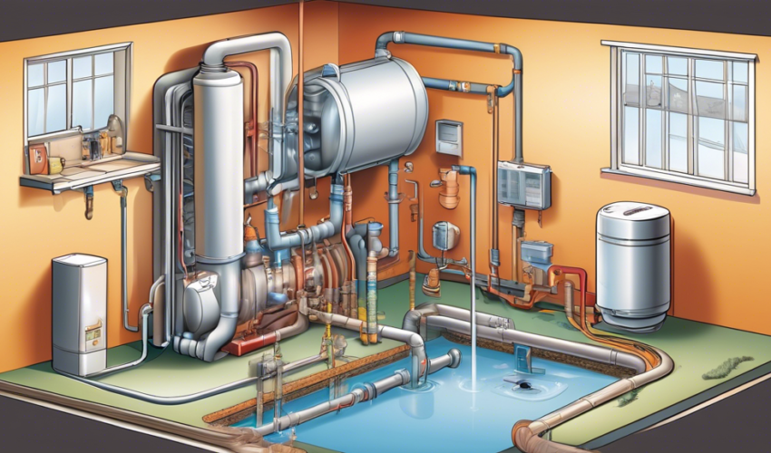 An illustrative digital artwork showing a cross-sectional view of a home basement with a detailed depiction of a sewage ejector pump system, highlighting its function and installation steps, in a clea