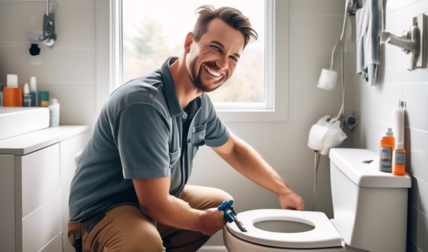 A friendly homeowner in a Niagara bathroom, holding a wrench and smiling while fixing a toilet. The bathroom has a clean, modern appearance with a window s