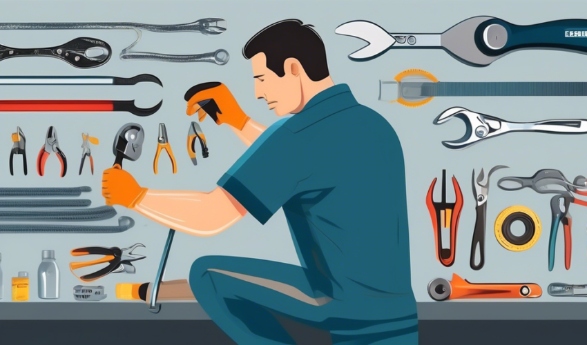 A detailed and close-up illustration of a technician repairing garage door cables, using essential tools like pliers and a wrench, with clear step-by-step