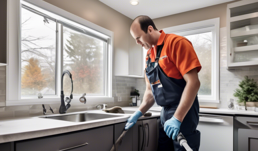 A high-resolution image of a professional plumber in uniform, using specialized equipment to clean a drain in a modern kitchen in Niagara. The background s